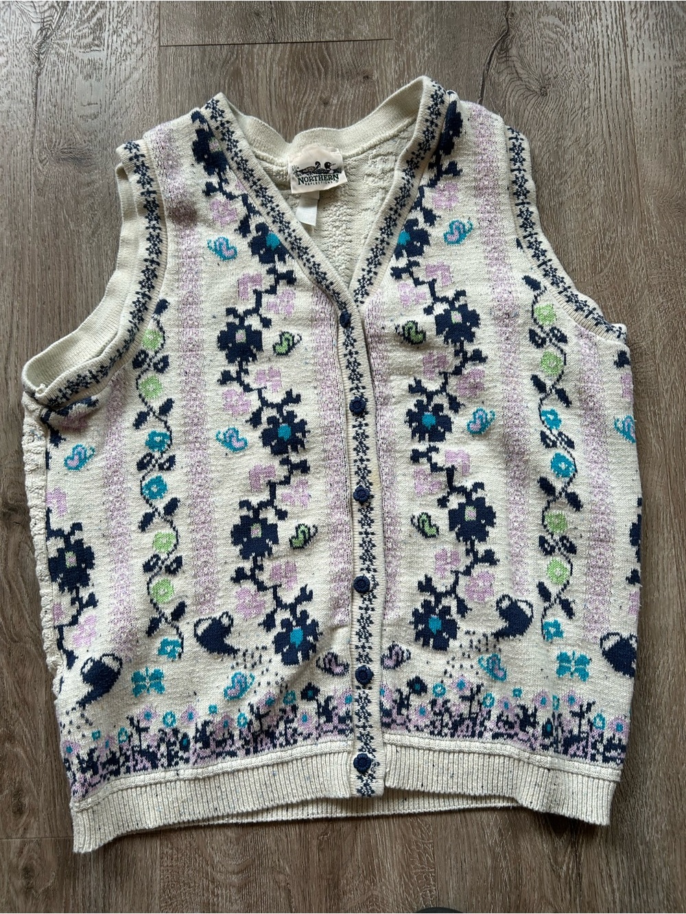 Vintage Northern Reflections Cream Knit Floral Button-Up Vest - Picture 1 of 5